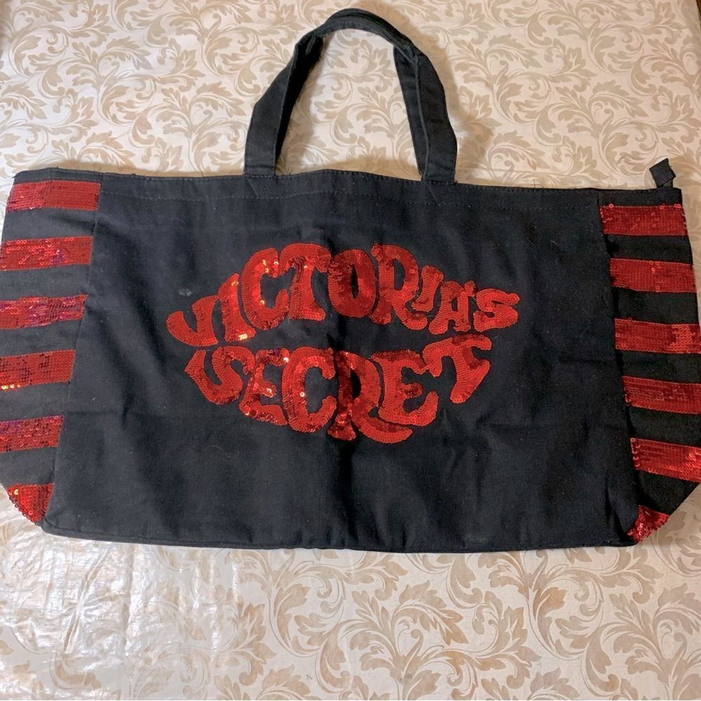 Large Victoria’s Secret Tote Weekender Shopper XL Black Canvas & Red Sequins